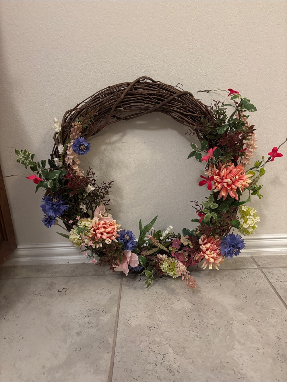 Floral Wreath with Blue, Pink, and Green Accents